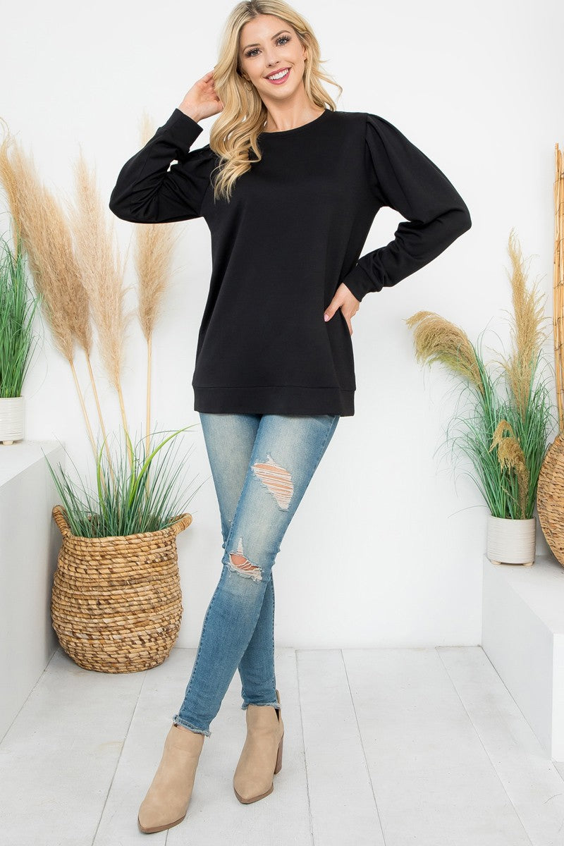 French Terry pleated shoulder solid knit top