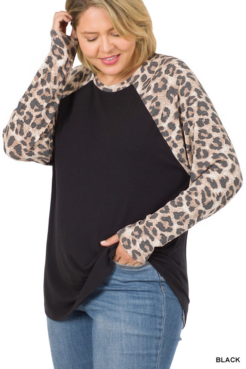 Plus Leopard Raglan Long Sleeve Top