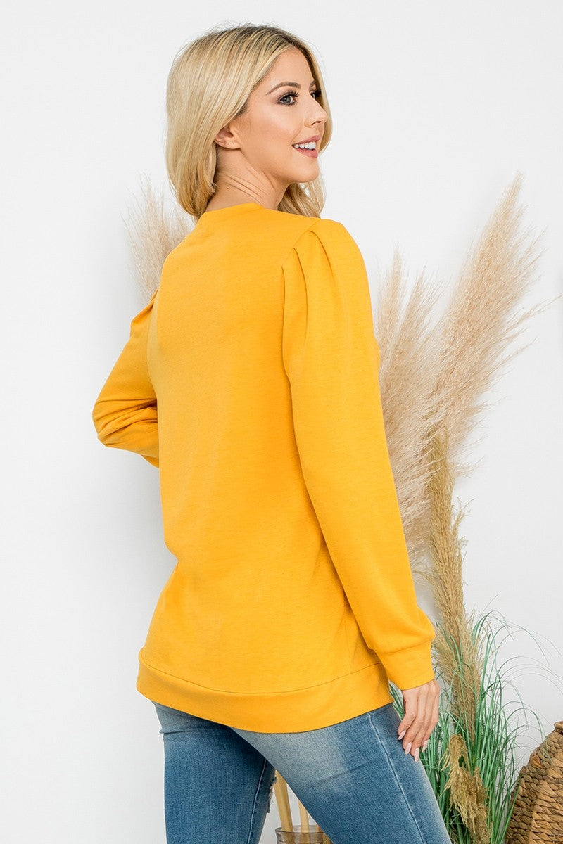 French Terry pleated shoulder solid knit top
