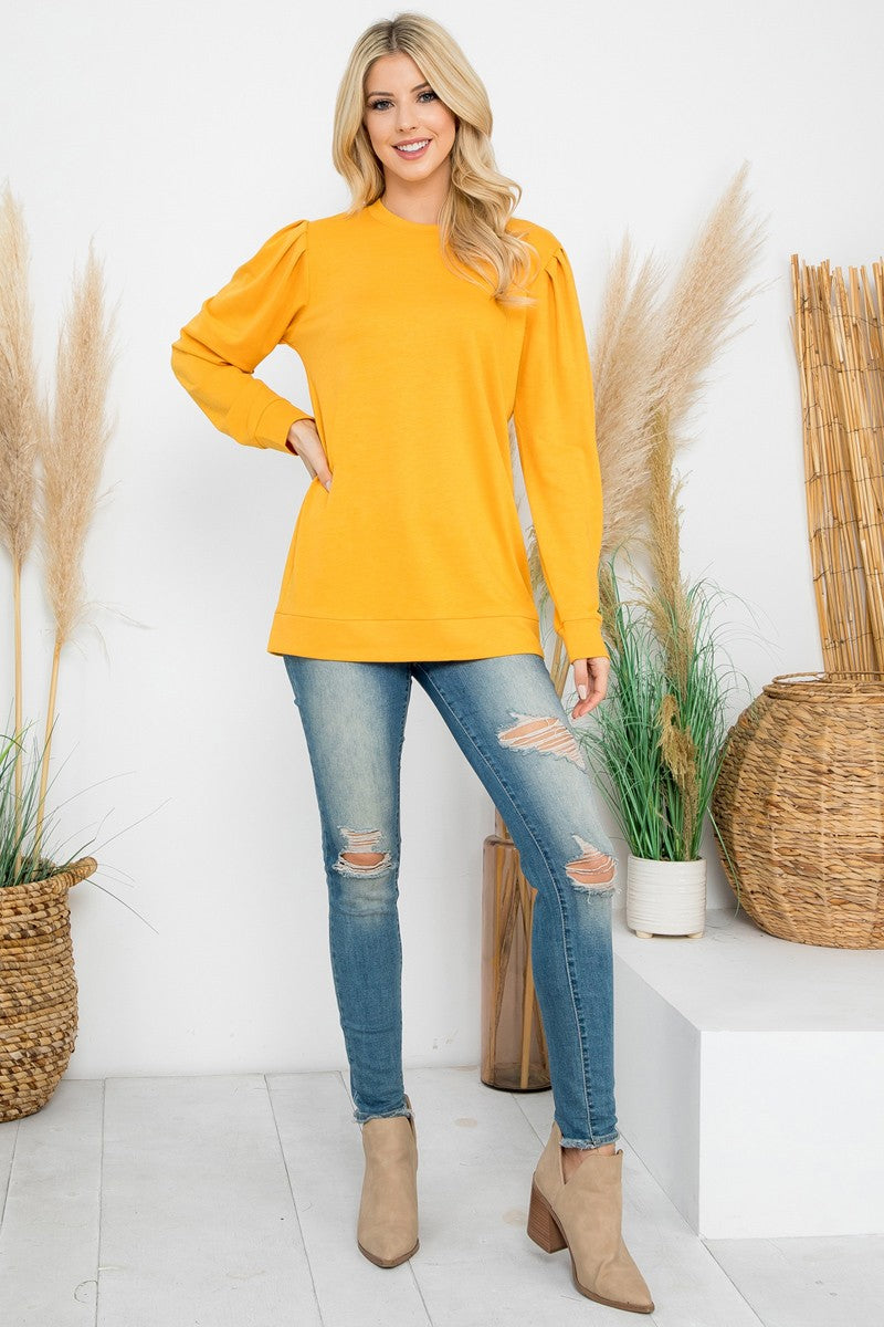 French Terry pleated shoulder solid knit top