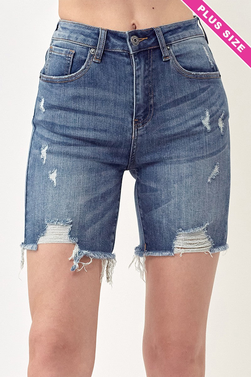 Plus Size HIGH RISE DISTRESSED MID THIGH SHORTS