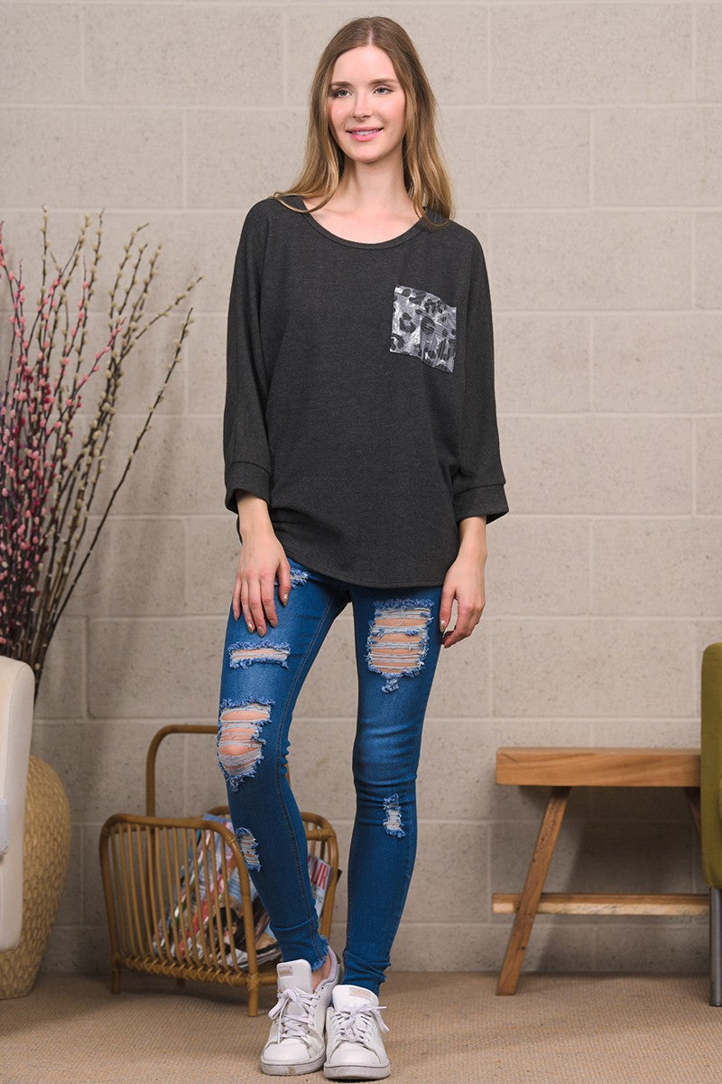 Soft Brushed Knit Top with Animal Pocket
