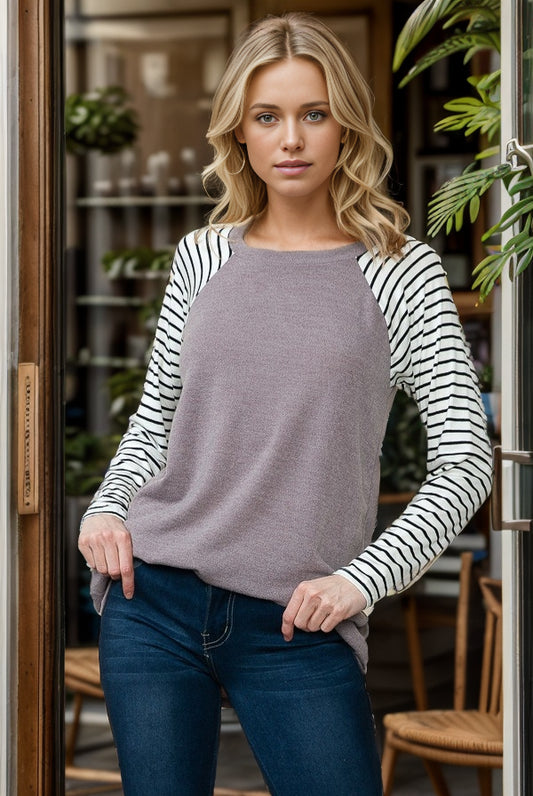 Solid Tunic with Stripe Sleeves