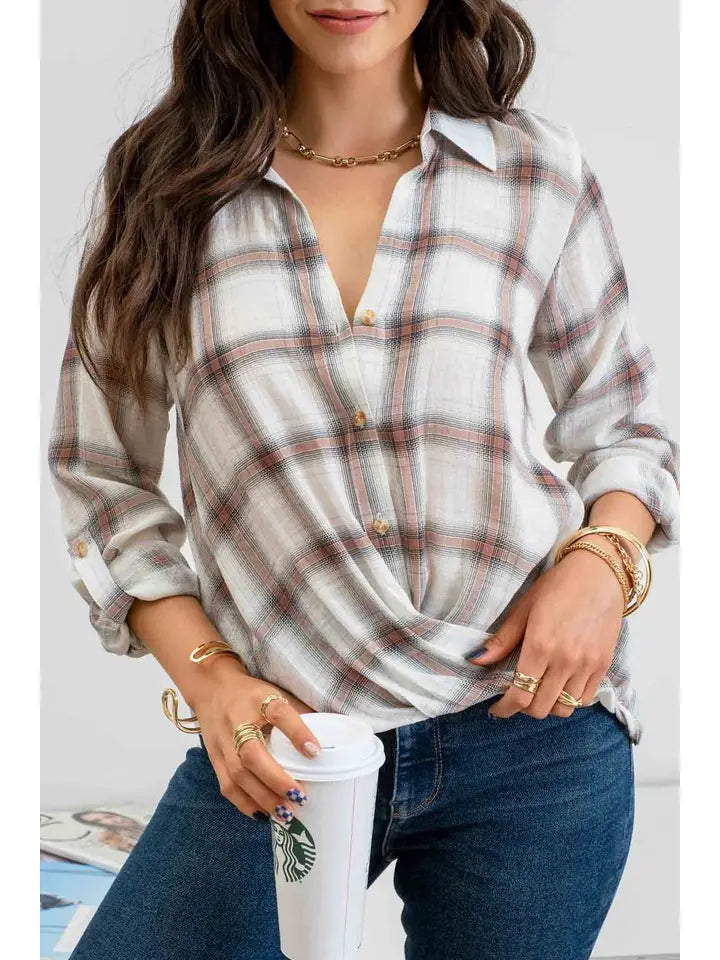 Plaid Buttoned Wrap Top