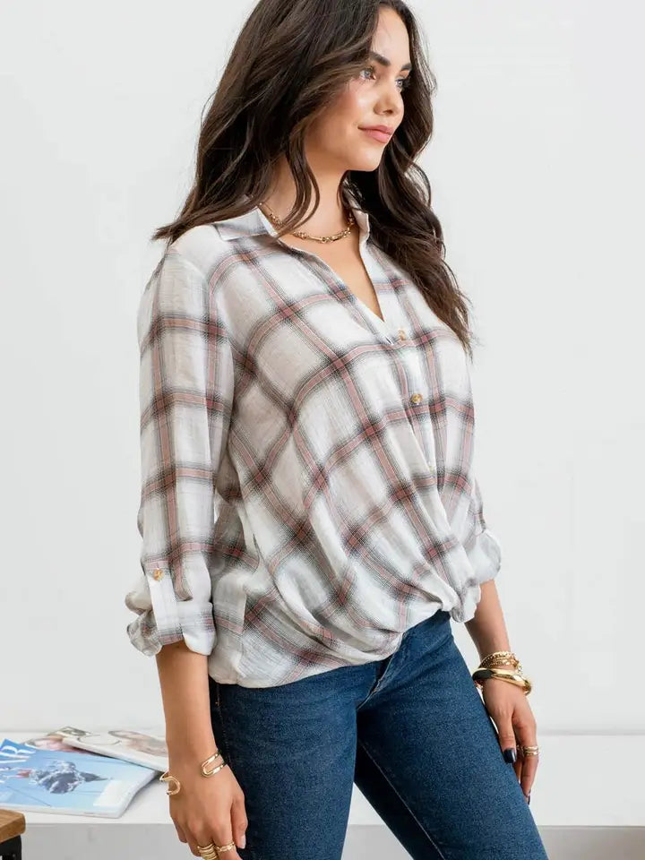 Plaid Buttoned Wrap Top